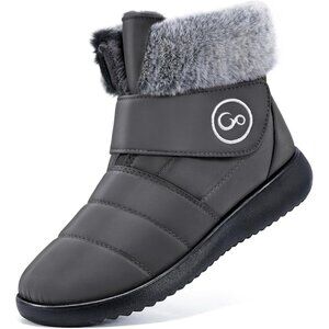 Women’s Grey Winter Snow Boots Warm Waterproof Fur Lined Slip-Ons